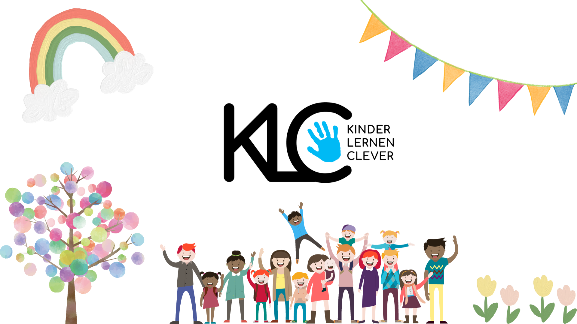Logo des KLC e.V., Grafik von Kindern, Regenbogen und Girlande