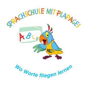 Illustration bunter Papagei mit Schrift: Sprachschule mit Plapagei
