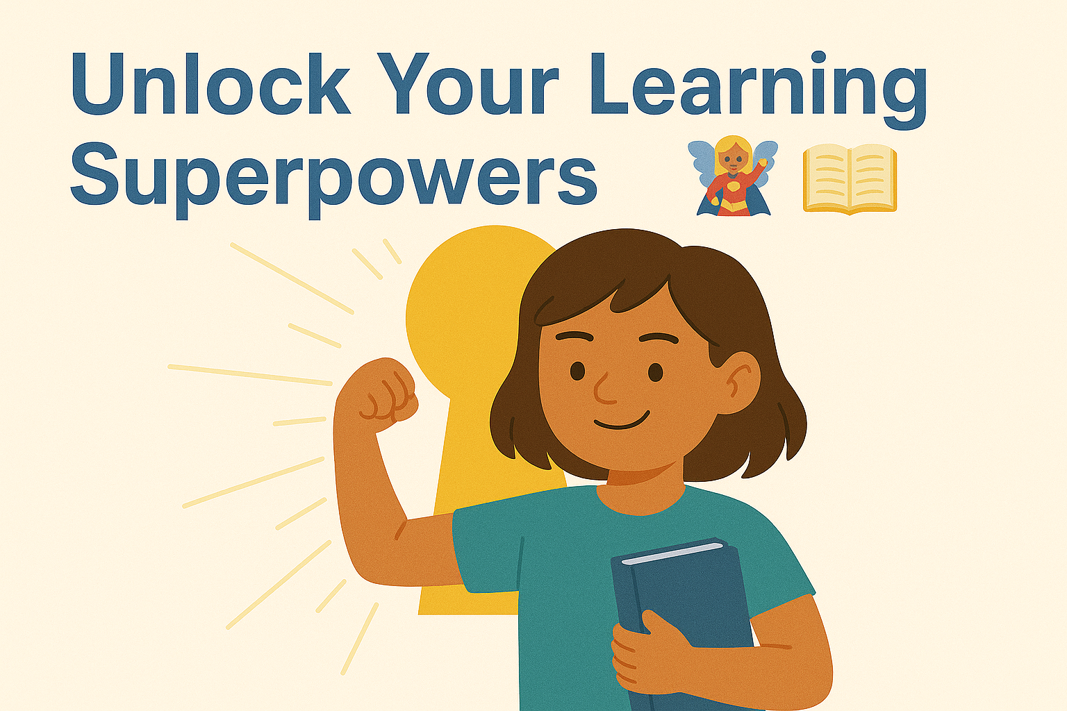 Glückliche Schülerin mit angespanntem Bizeps. Überschrift "Unlock your Superpowers" mit Feen- und Buch-Emoji.