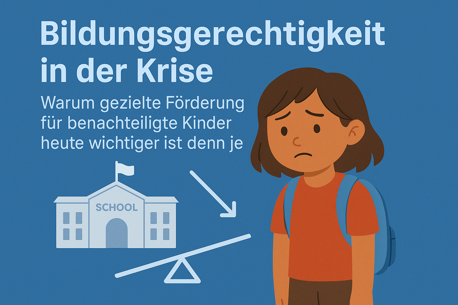 Demotivierte/ traurige Schülerin im Vordergrund. Schule und Wippe als Emojis dargestellt. Wippe ist schief. Titel "Bildungsgerechtigkeit in der Krise - Warum gezielte Förderung für benachteiligte Kinder heute wichtiger ist denn je" über dem Schulgebäude.