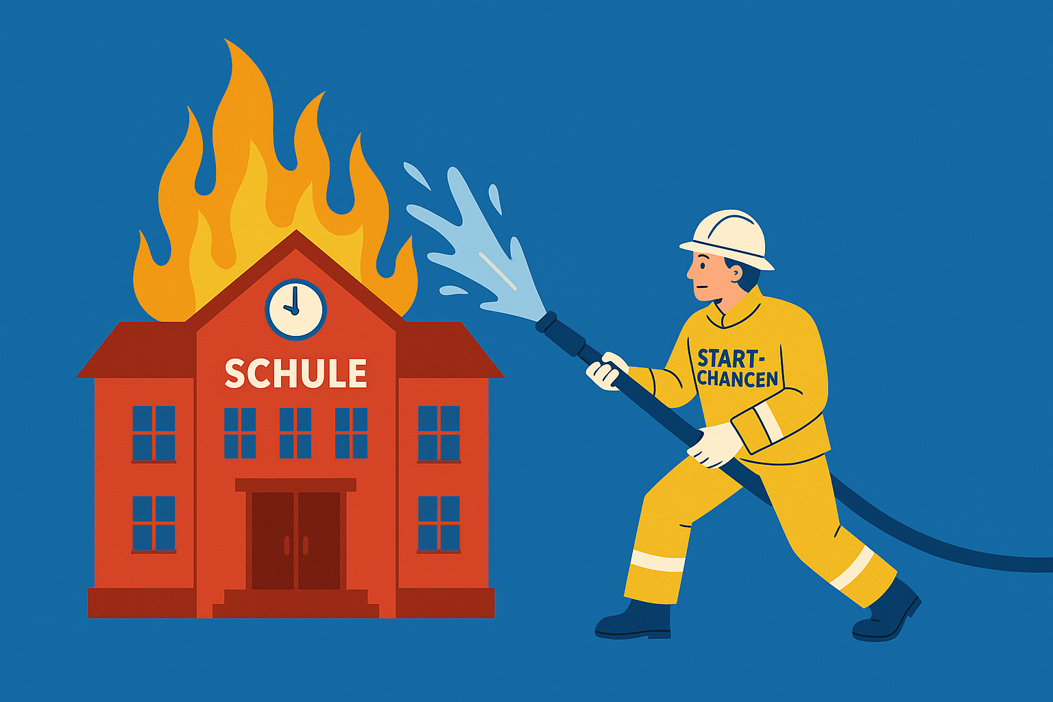 Brennendes Schulgebäude. Feuerwehrmann mit Aufschrift "Startchancen" löscht den Brand.