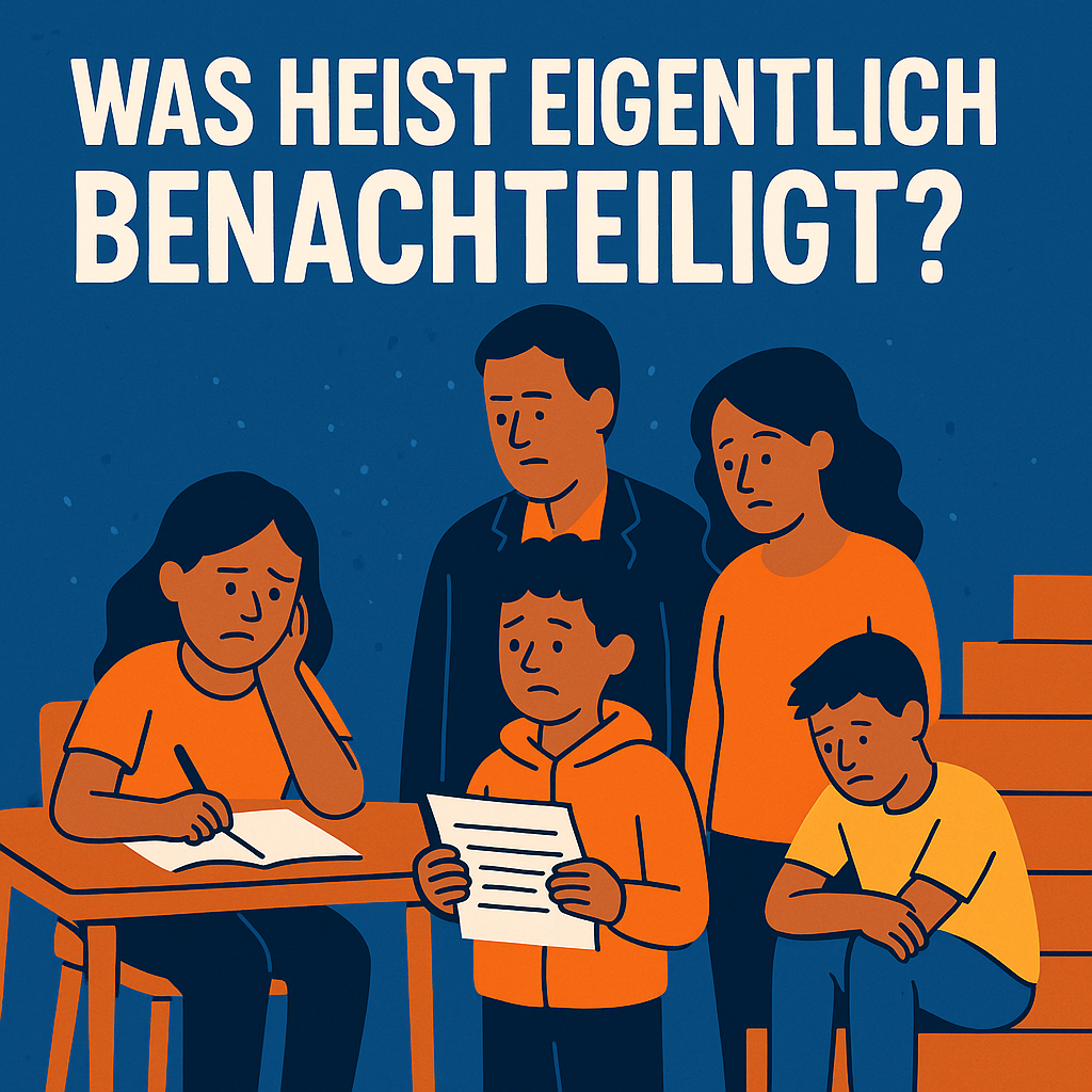 Was heißt eigentlich benachteiligt? Kinder am Schultisch; Kinder mit Anträgen in der Hand, Erwachsene im Hintergrund; bedrückte Stimmung