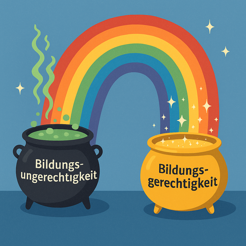 Bildungsgerechtigkeit am Ende des Regenbogens. In einem Topf aus Gold. Am Anfang des Regenbogens: ein Hexenkessel mit grüner Brühe und der Aufschrift "Bildungsungerechtigkeit". Was braucht es, damit Bildungsgerechtigkeit gelingt?