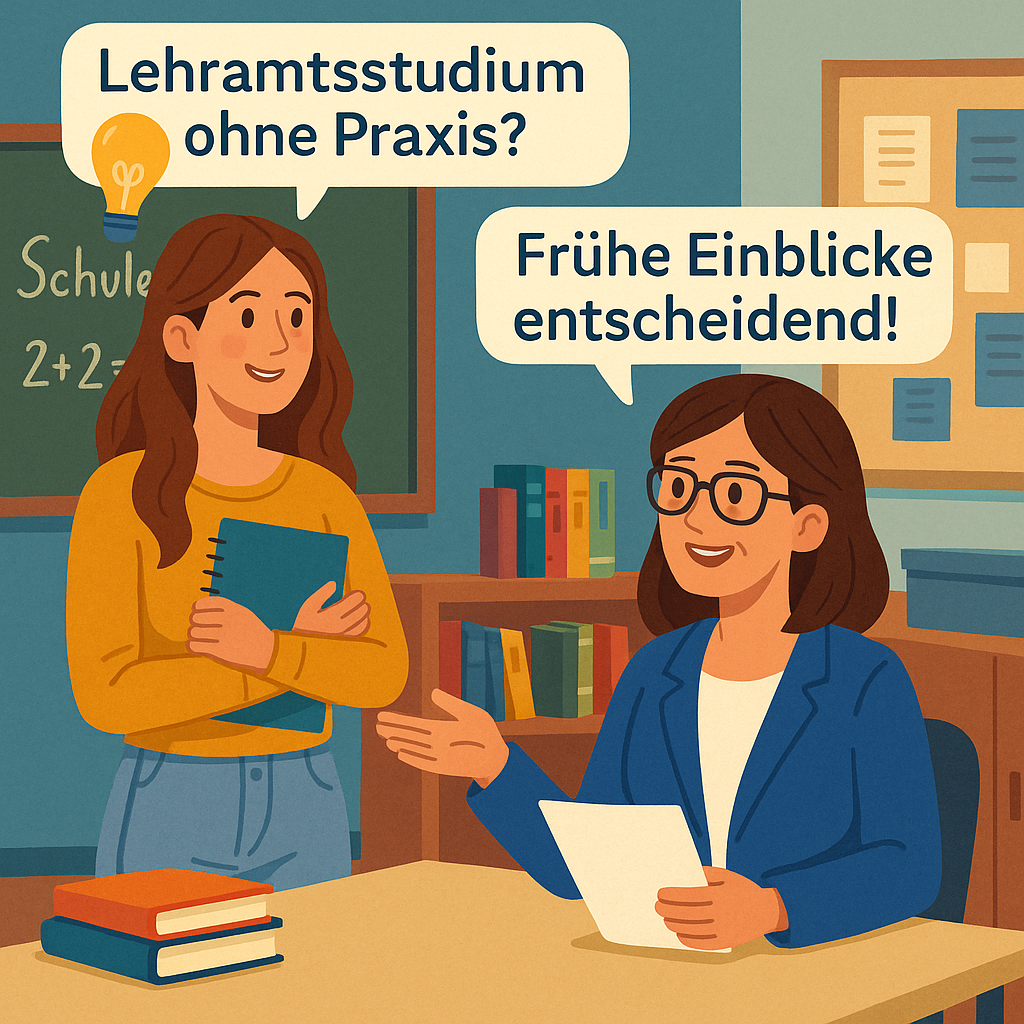 KLC-Kursleiterin (Lehramtsstudierende) im Austausch mit einer Schulleitung ihrer Praxisschule. Beide plädieren für die Relevanz von Praxiserfahrungen im Lehramtsstudium.